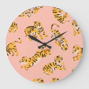 Relógio Grande Tigres de desenho animado, padrão de vinheta rosa.