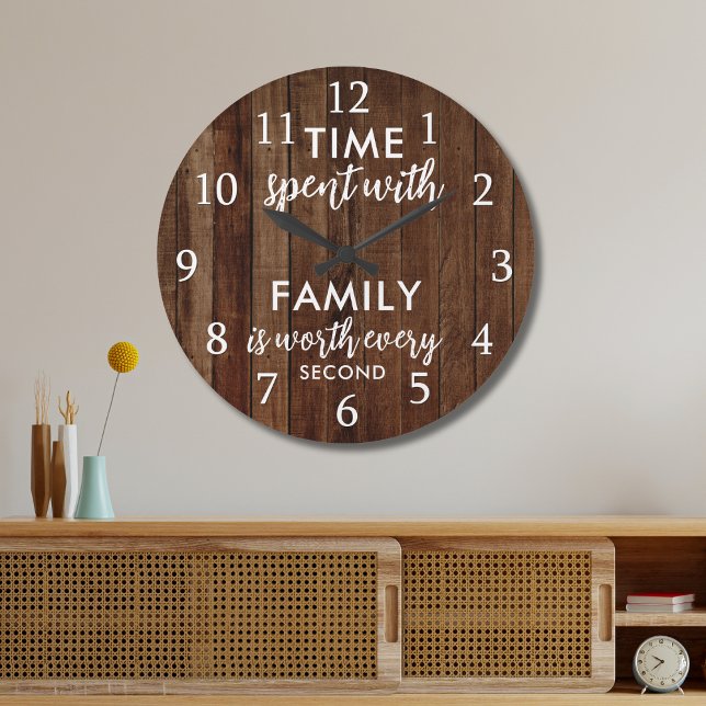 Relógio Grande Time With Family Quote Typography Rustic Dark Wood (Criador carregado)
