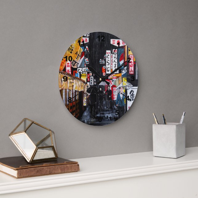 Relógio Grande Tokyo Rain Painting by Alfred Fox (Escritório)