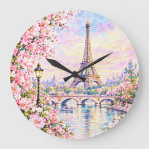 Relógio Grande Torre Eiffel Aquarela Paris Flores Rosa Francesa