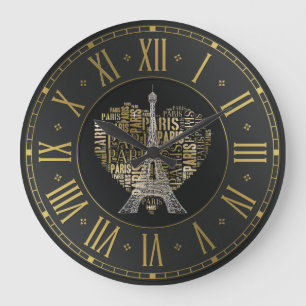 Relógio Grande Torre Eiffel Inscrições em Ouro Paris no Cora