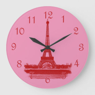 Relógio Grande Torre Eiffel Vermelho E Rosa