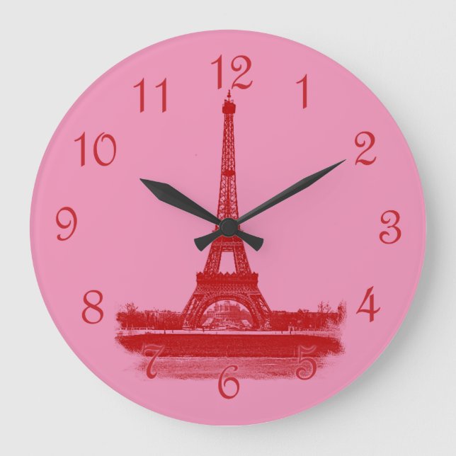 Relógio Grande Torre Eiffel Vermelho E Rosa (Frente)
