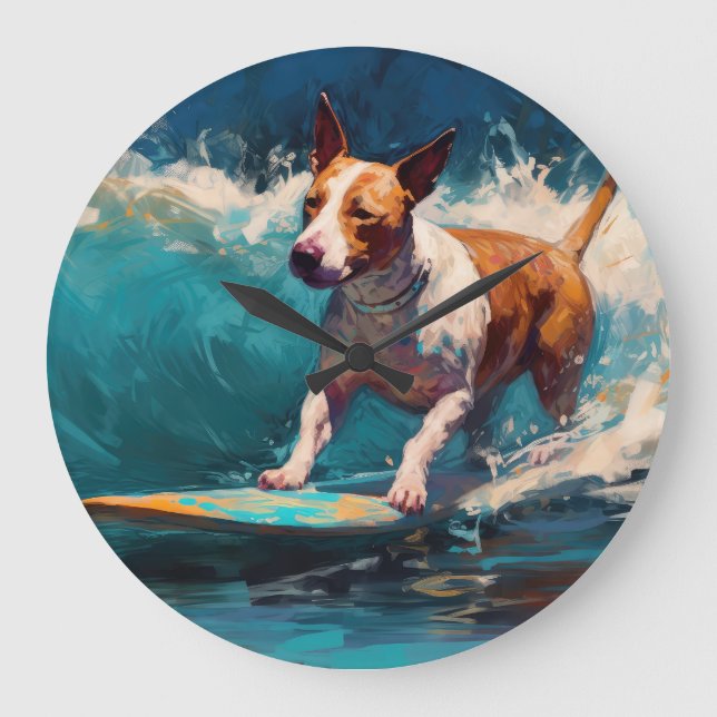 Relógio Grande Touro Terrier Beach Surfing Painting (Frente)