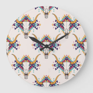 Relógio Grande Touro Tribal Caveira: Boho Sem Semente