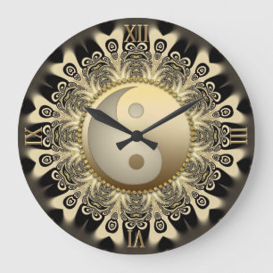 Relógio Grande Traço Dourado preto Mandala equilibra YinYang Wal