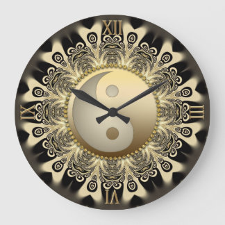 Relógio Grande Traço Dourado preto Mandala equilibra YinYang Wall