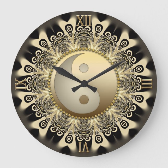 Relógio Grande Traço Dourado preto Mandala equilibra YinYang Wall (Frente)