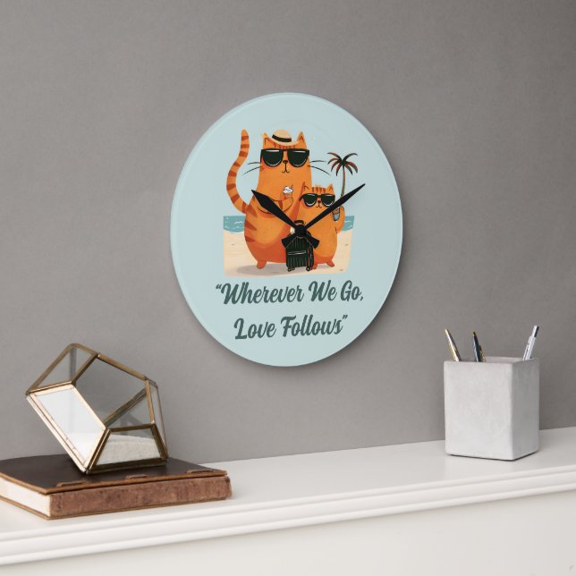 Relógio Grande Travelling Cat Love Moment Wall Clock (Escritório)