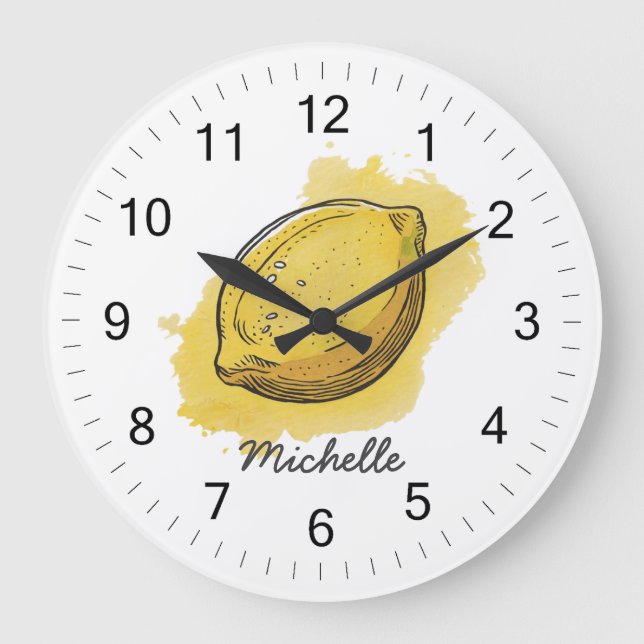 Relógio Grande Trendy Modern Personalised Watercolor Lemon Amarel (Frente)