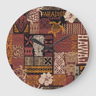 Relógio Grande Tribal Havaiano: Patchwork de Tecido Vintage