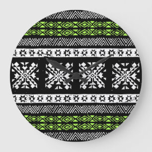 Relógio Grande Tribal Navajo, padrão verde branco preto.