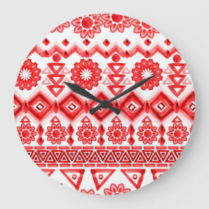 Relógio Grande Tribal vermelho, padrão étnico de aquarela.