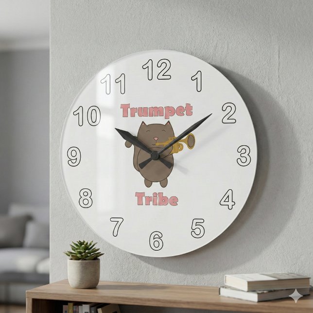 Relógio Grande Tribo da Trombeta Gato Letras Rosa (A clock featuring a brown cat playing the trumpet with the words trumpet tribe.)