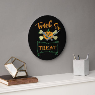 Relógio Grande Trick or treat ossos cruzados Halloween abóbora