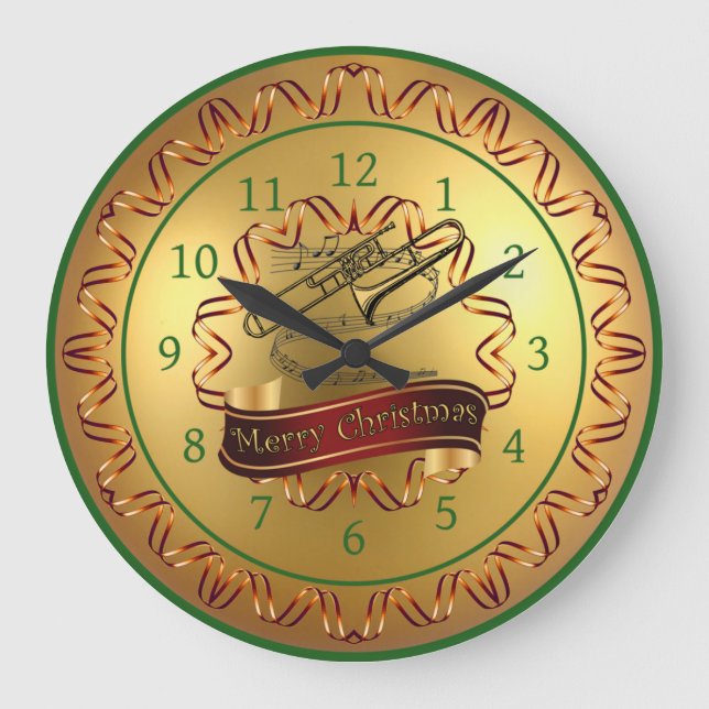 Relógio Grande Trombone ~ Rolagem Musical ~ Dourado "Feliz Natal" (Frente)