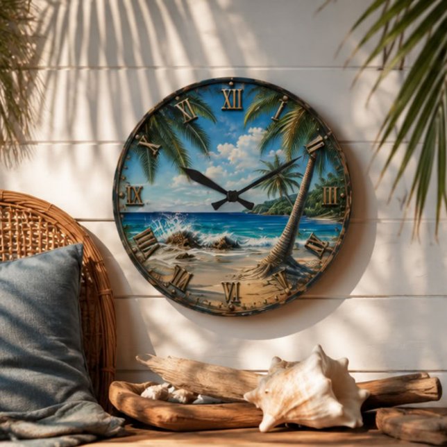 Relógio Grande Tropical Coastal Ocean palm Tree Beach (Criador carregado)
