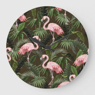 Relógio Grande Tropical Flamingo Pattern: Folhas Vintage