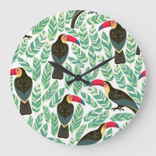 Relógio Grande Tucanos, folhas tropicais, padrão decorativo.