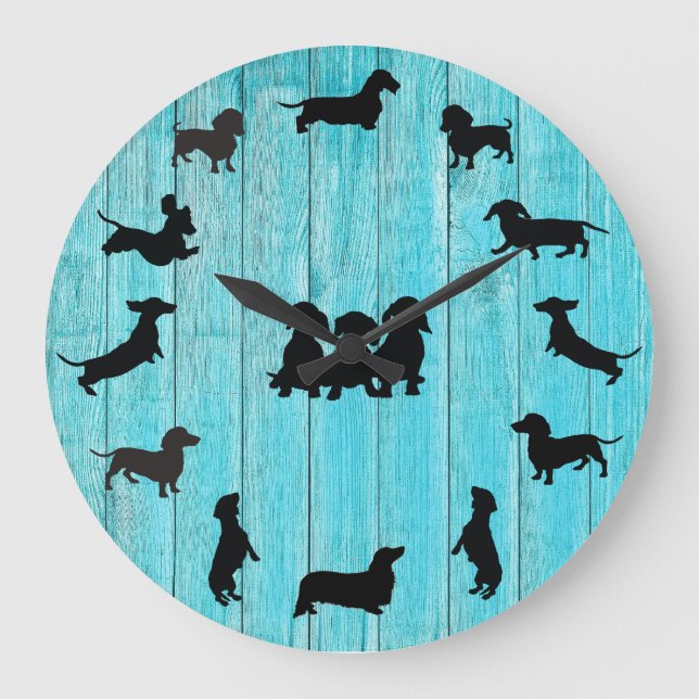 Relógio Grande Turquesa Wooden Dachshund Silhouette Wall Clock (Frente)