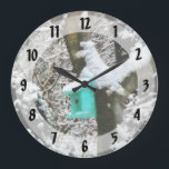 Relógio Grande Turquoise Birdhouse in Winter<br><div class="desc">Are you someone who loves winter and snow. This design of this vivid turquoise birdhouse contrasting against the white snow waiting for spring and its new bird family brings you the exciting feeling of the first snow all year.</div>