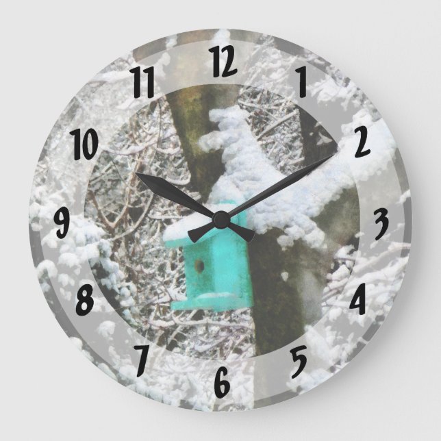 Relógio Grande Turquoise Birdhouse in Winter (Frente)