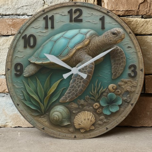 Relógio Grande Turtle wood sea decor rustic coastal marine life (Criador carregado)