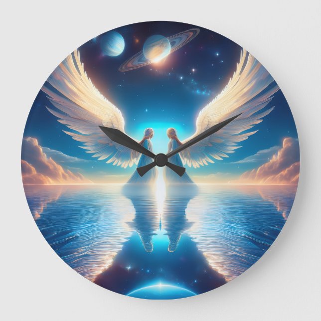 Relógio Grande Two Angels with Large Wings Facing Each Other on a (Frente)