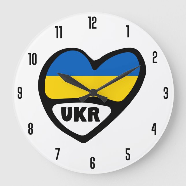 Relógio Grande Ucrânia Country Code Flag Heart, UKR (Frente)
