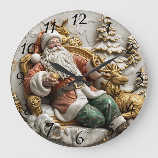 Relógio Grande Um Papai Noel alegre relaxando com sua rena (Frente)