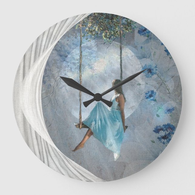 Relógio Grande Uma mulher com um vestido azul num balanço (Frente)