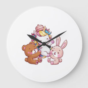 Relógio Grande Unicórnio Kawaii com coelho e ursinho de pelúcia M