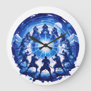 Relógio Grande Unidade Samurai Arte Circular em Tinta Azul Japone