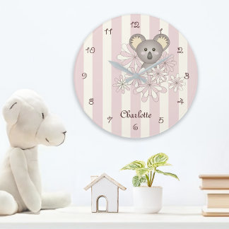 Relógio Grande Ursinho Koala Rosa Personalizado Berçário Crianças