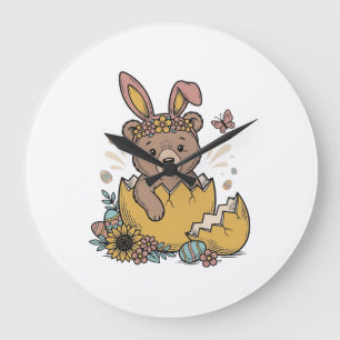 Relógio Grande Urso de Páscoa Fofo em Ovo Rachado Vetor Vintage_1
