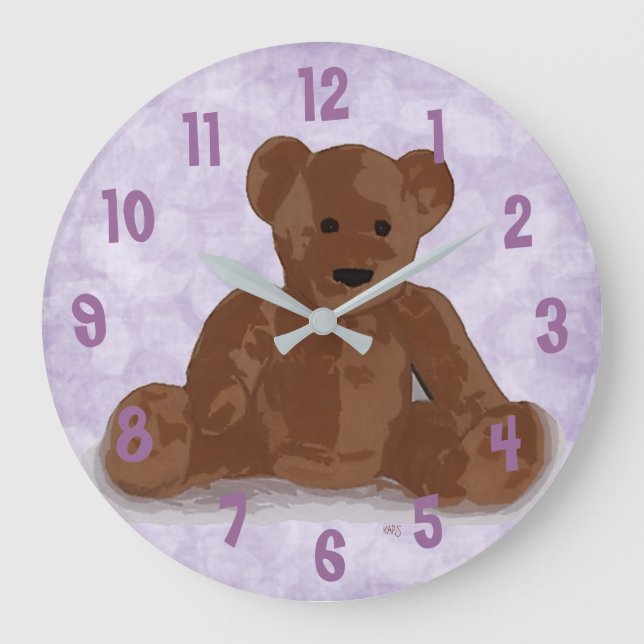 Relógio Grande Urso de ursinho de assento (fundo roxo) (Frente)
