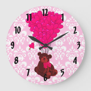 Relógio Grande Urso e balões em forma de coração em damasco rosa