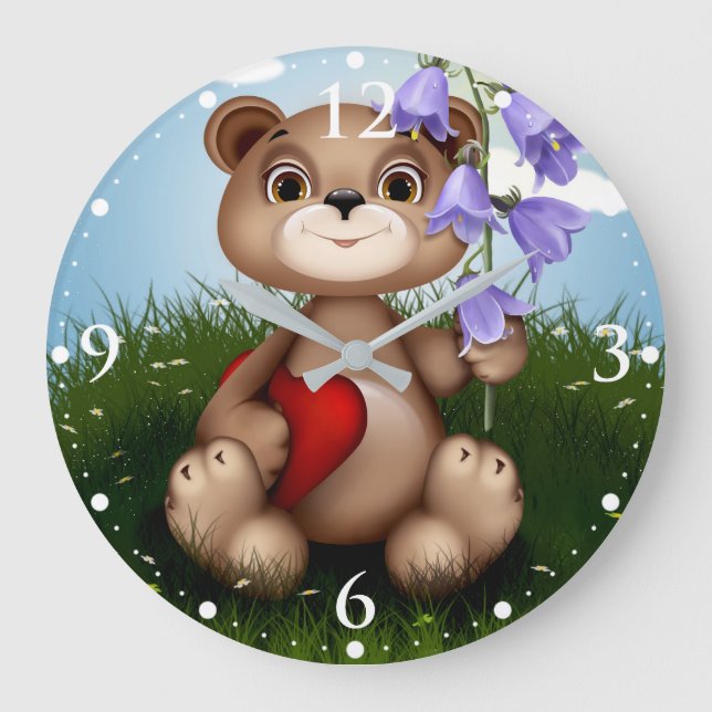 Relógio Grande Urso Segurando Buquê Flor-30926 (Frente)