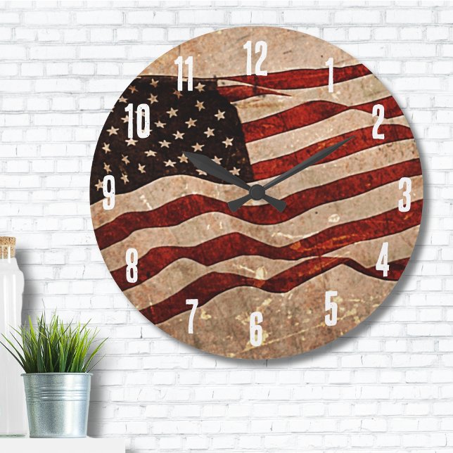 Relógio Grande USA Vintage American Flag (United States Patriotic USA Rustic American Flag Large Clock)