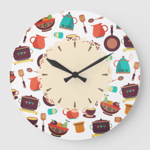 Relógio Grande Utensílios das bandejas dos potes da cozinha que