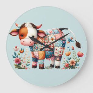 Relógio Grande Vaca Caprichosa em Patchwork Com Acentos Florais