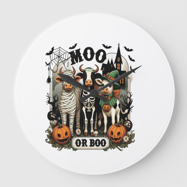 Relógio Grande Vaca de Halloween Moo ou Boo (Frente)