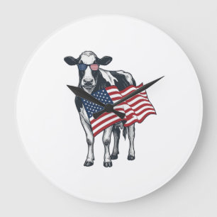 Relógio Grande Vaca Patriótica Bandeira Americana Desenho de Grav