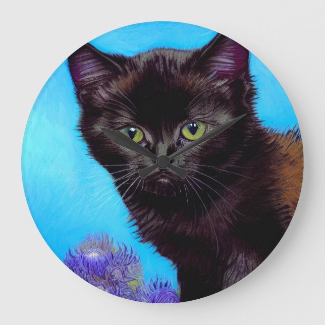 Relógio Grande Van Gogh Cat e Flores (Frente)
