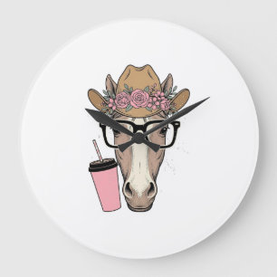 Relógio Grande Vaqueira Antiga Cavalo Com Flores e Bebida Rosa