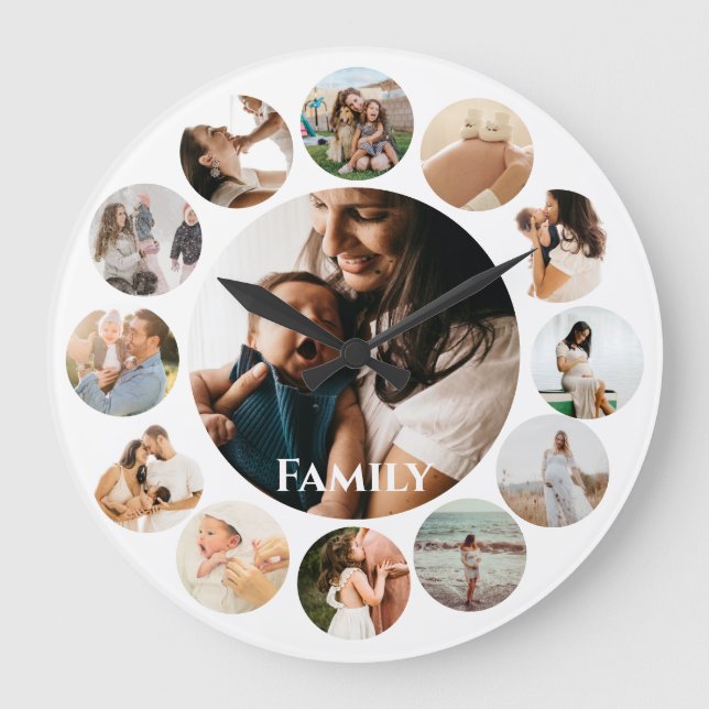 Relógio Grande Várias Fotos Collage Simple Family Round Frame (Frente)