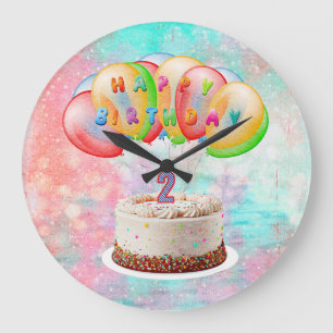 Relógio Grande Vela Número 2 no Bolo, Feliz Aniversário, Colorido