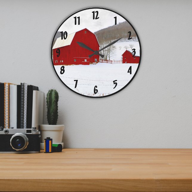 Relógio Grande Velha Fazenda Vermelha em Cena de inverno Neve (Criador carregado)