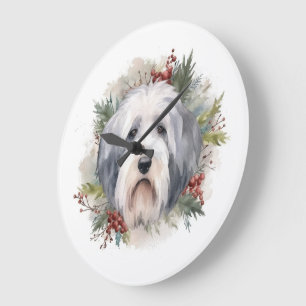 Relógio Grande Velha Inglês Sheepdog Christmas Wreath Festivo Pup