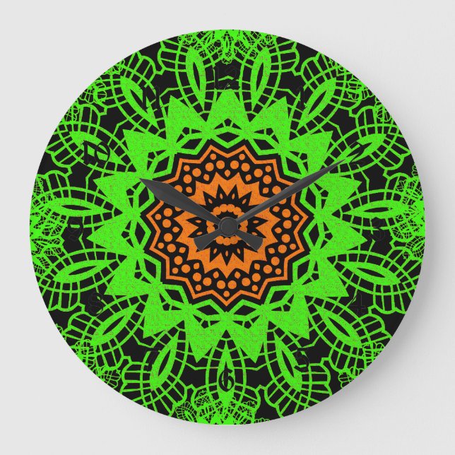 Relógio Grande Verde limão Laranja Lace Preto Doily Mandala Snowf (Frente)